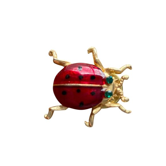 Jewelry - Vintage Gold Tone Red Enamel & Rhinestone Ladybug Pin